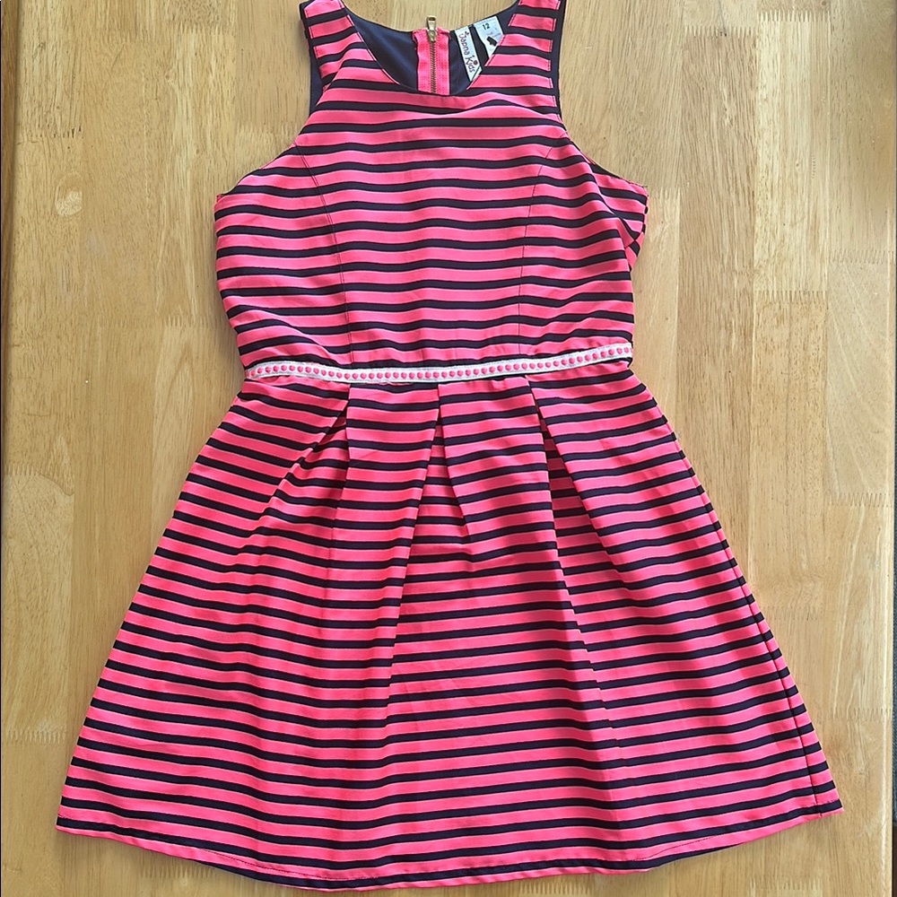 Striped Pink and Black Kids Dress, Size 12, EUC